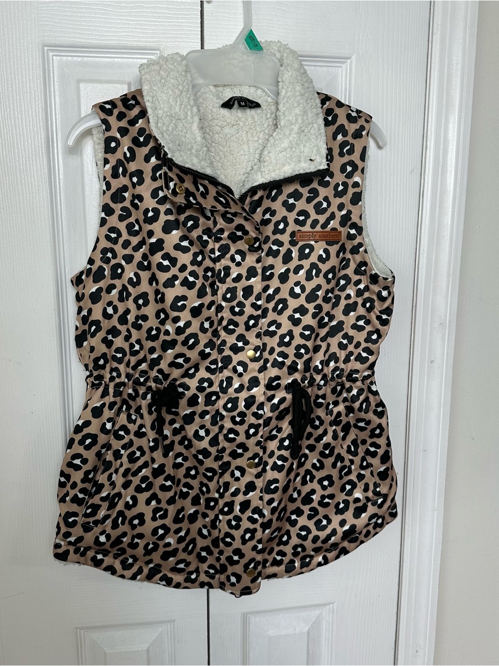 Simply Southern women’s  Leopard Print Sherpa Vest - Tan & Black